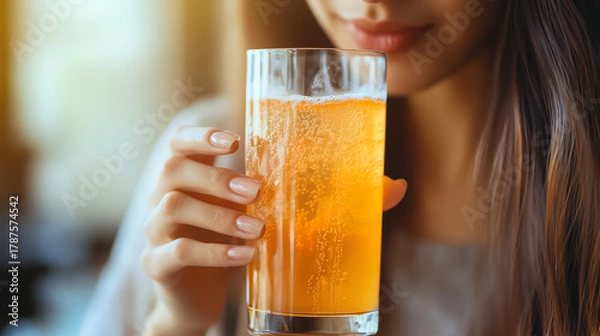 Obraz Sparkling vitamin drink in clear glass, woman about to sip, energy and vitality concept