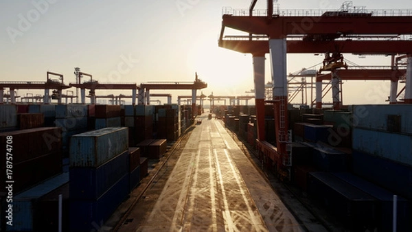 Obraz Unloading large cargo containers seaport. Loading freight sea port. Top aerial drone view. Lot big boxes rows, ship delivery ocean harbor. Industrial Shipping day. Goods export import. Marine dock.