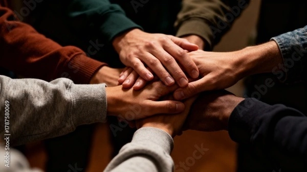 Obraz Close-Up: Hands Intertwined in Peer Support Circle