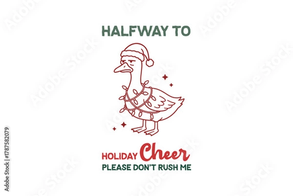 Fototapeta Halfway to Holiday Cheer, Funny Duck wearing a Santa hat in Christmas lights Illustration for T Shirt Design