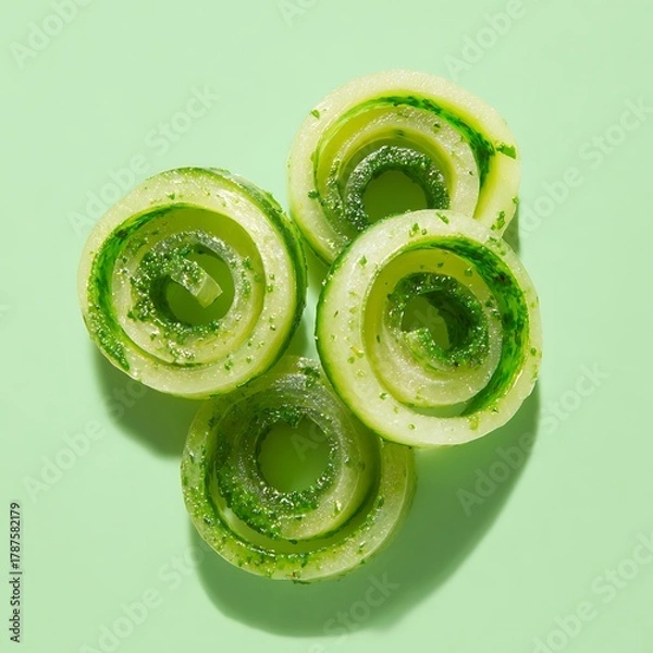 Obraz Cucumber spirals garnish food photography healthy eating green background close up view diet