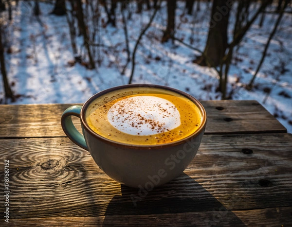 Obraz A warm cup of coffee with foam and cinnamon sits on a wooden surface in a snowy winter scene.