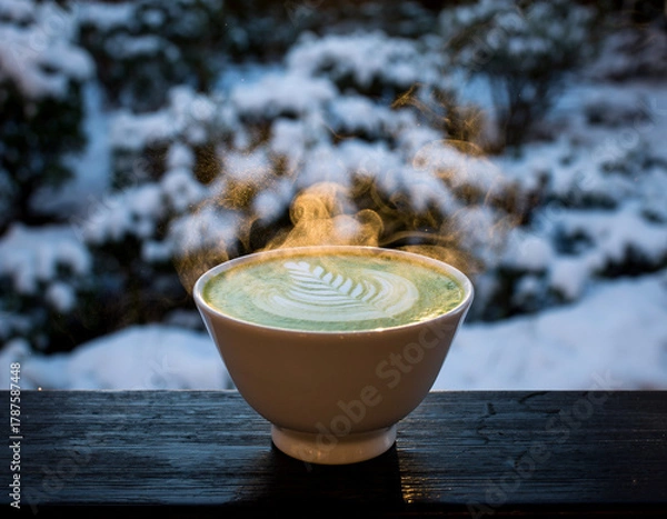 Obraz A steaming bowl of vibrant green matcha tea with intricate latte art, set against a blurred backdrop of a snowy winter landscape.