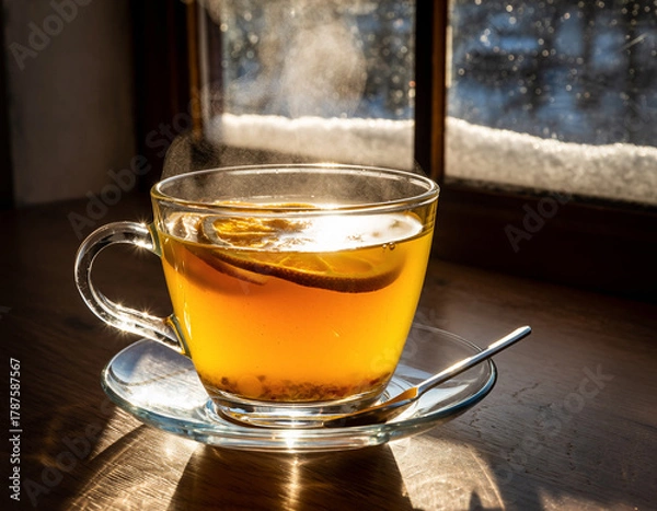 Obraz Steaming hot tea with lemon on a sunlit windowsill overlooking a snowy winter scene.