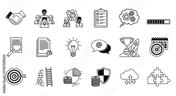 Fototapeta Dynamic business icons symbolizing teamwork, strategy, goals, success, and innovation, perfect for modern presentations and digital projects.