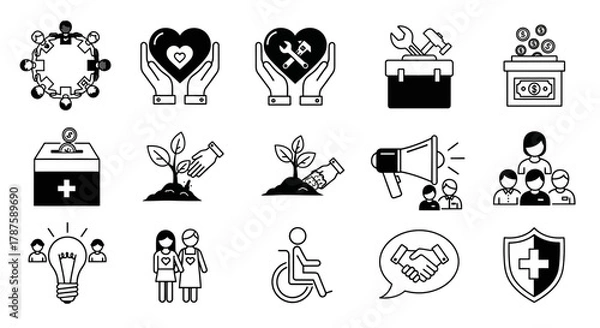 Obraz Inspiring icons depicting community, support, growth, and collaboration for positive social impact and business initiatives