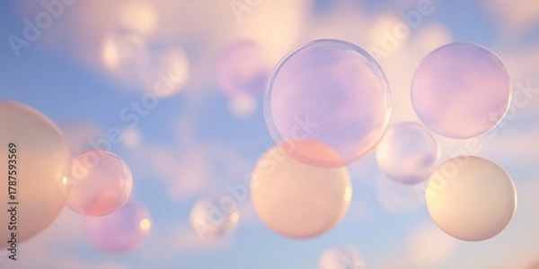 Fototapeta Abstract image featuring multiple soft, translucent spheres or bubbles floating against a bright, airy background with peach and light lilac pastel colors, creating a dreamy and ethereal texture