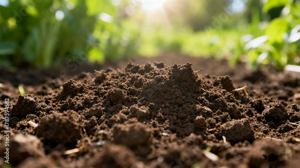 Fototapeta Close-up of rich, textured soil symbolizing growth and natural vitality in gardening.
