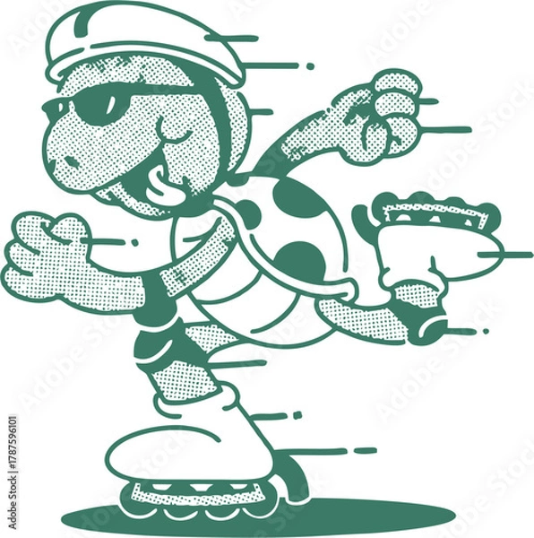 Fototapeta Cool Cartoon Turtle Skating Fast on Rollerblades Wearing Helmet and Sunglasses in Retro Halftone Pop Art Style