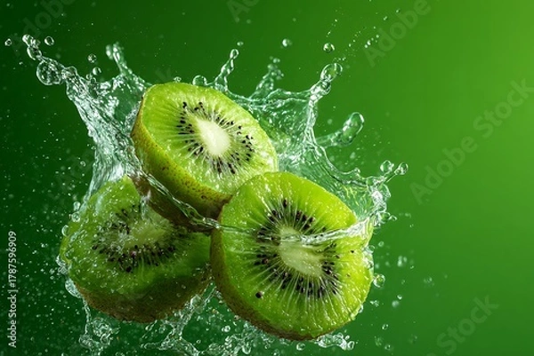 Obraz Kiwi fruit splashing water fresh healthy food green background vibrant close up shot photo
