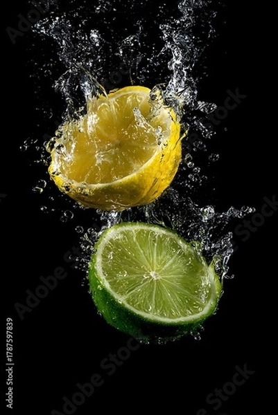 Obraz Stock photo of fresh lemon and lime slices splashing in water on a black background photo