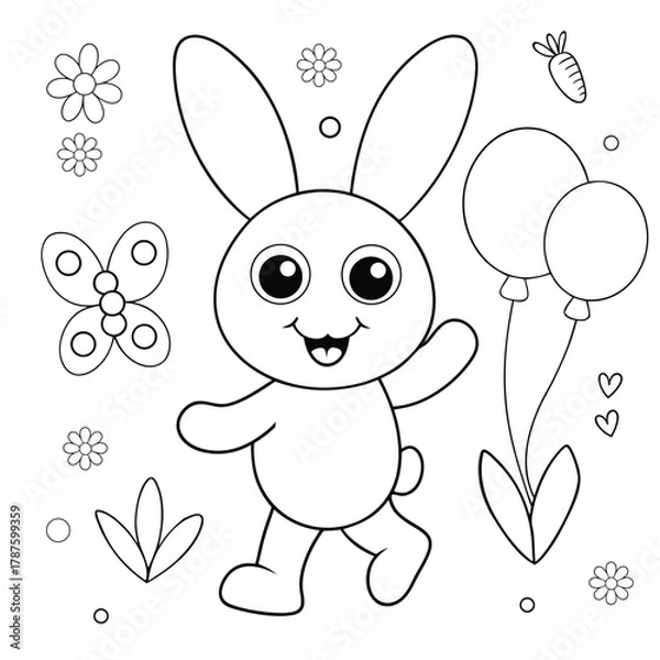 Fototapeta bunny holding balloons and walking through grass coloring page