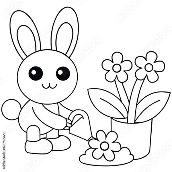 Obraz bunny planting flowers in garden with watering can coloring page