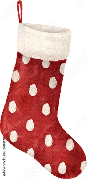 Obraz Watercolor christmas stocking with polka dots on transparent background.