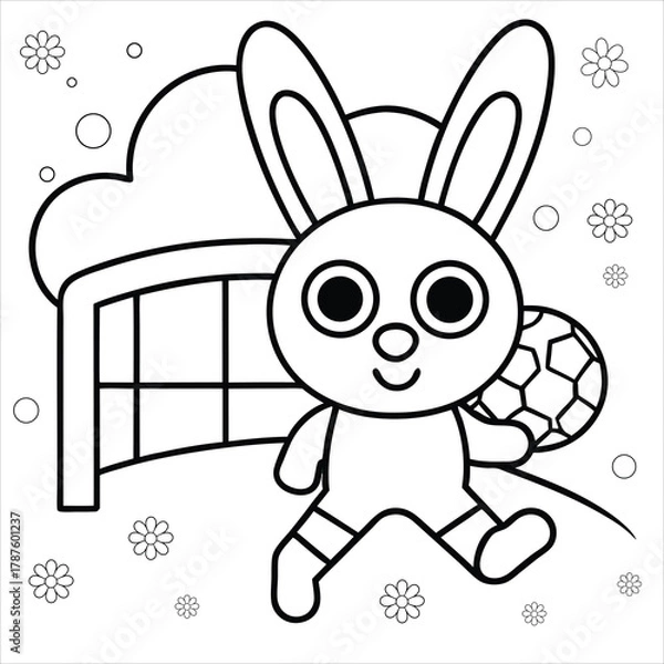 Fototapeta cartoon bunny playing soccer kicking ball coloring page