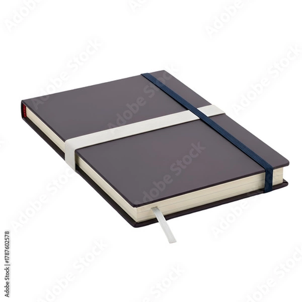 Fototapeta A sleek dark gray notebook with a white and blue elastic band closure and a white bookmark ribbon.