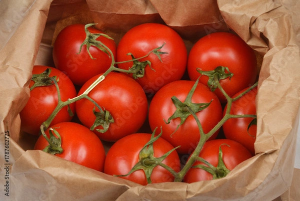 Obraz A close-up shot of a group of ripe red tomatoes on the vine, packed in a rustic brown paper bag, against a simple white background