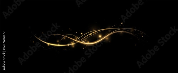 Obraz Abstract golden energy wave with fast movement effect and shiny particles on dark backdrop.