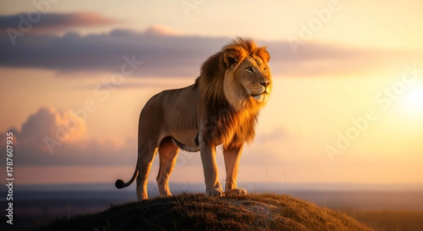 Obraz Majestic Lion Standing on a Hilltop at Golden Sunset in Safari
