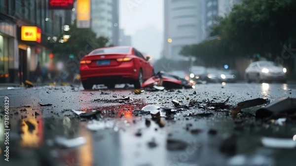 Obraz Car accident debris scattered on wet street. Road safety concept with car crash aftermath. Urban area traffic incident after heavy rain.