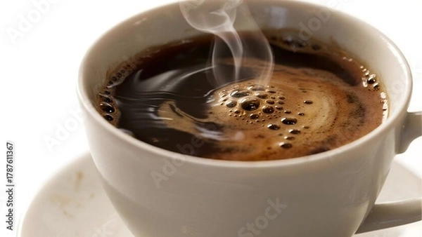 Obraz Steaming white ceramic coffee cup with black brew on white background. Hyper-realistic for morning ritual and cafe marketing content