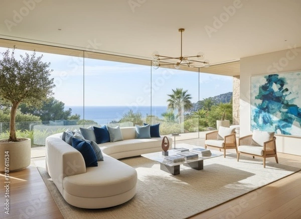 Fototapeta Modern Living Room with Ocean View: Curved Sofa, Natural Light, and Artistic Decor in a Coastal Residence