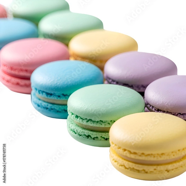 Fototapeta Colorful Macarons Arranged in a Diagonal Line on White Background.
