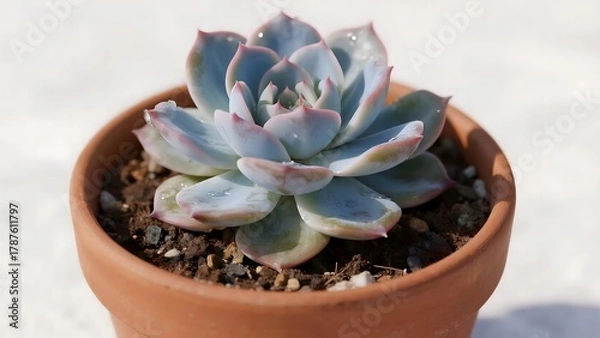 Obraz Blue-green echeveria succulent in terracotta pot with pink tips on white background. Photorealistic for home decor visuals