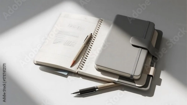 Obraz Gray spiral notebook with pen and dotted pages on white background. Photorealistic for productivity and goal-setting content