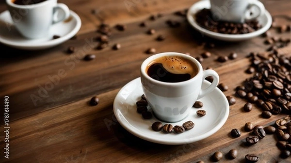 Fototapeta Close-Up of Ceramic Coffee Cup With Crema and Scattered Beans on Wooden Surface, Ideal for Cafe Branding and Morning Lifestyle Concepts. Menu, Coffee Culture Visuals. Hospitality Marketing