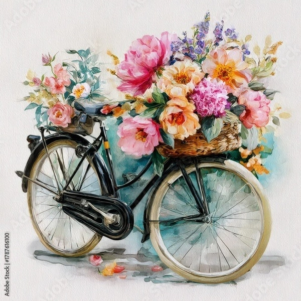 Fototapeta Bicycle With Colorful Flowers in a Basket Beside a Light Background