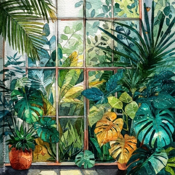 Fototapeta Lush Greenery Fills a Sunlit Room With Vibrant Plants and Soft Shadows