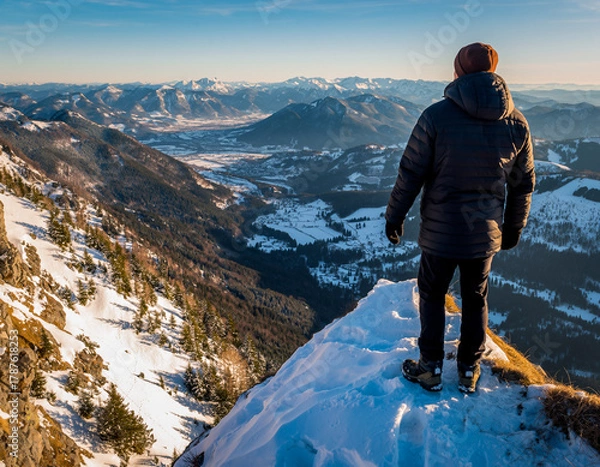 Obraz A hiker on a snow-covered summit gazes at a stunning mountain range and valley during golden hour.