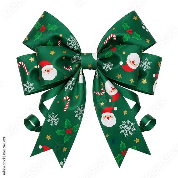 Fototapeta Christmas decorative green ribbon bow with Santa pattern isolated on transparent background