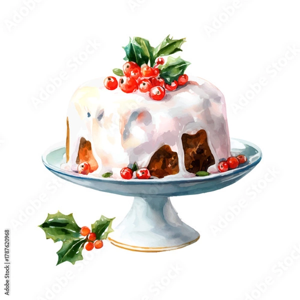 Fototapeta Watercolor painting of a traditional christmas pudding on a white cake stand, topped with sugar icing, red cranberries and holly leaves, festive and richly detailed centerpiece