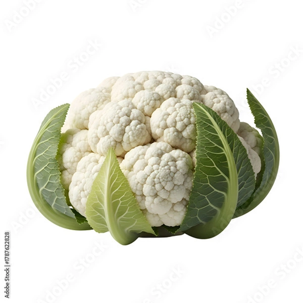 Obraz Fresh cauliflower head with green leaves isolated on white background.