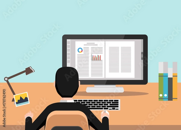 Fototapeta Businessman using computer at desk. Working with word processor illustration.