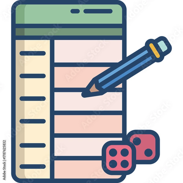 Obraz Table With Pencil And Dice For Game Scorekeeping Or Planning On Transparent Background In Flat Design Style
