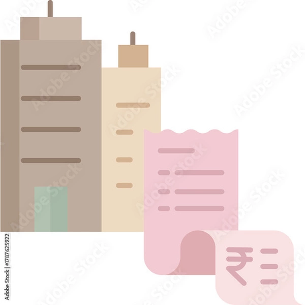 Obraz Tall beige buildings with a pink receipt detailing financial transactions including the rupee symbol against a transparent background symbolizing commerce or business transactions