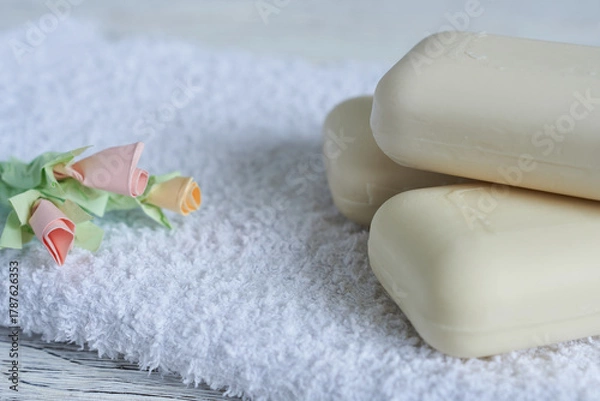Fototapeta Cream soap. A bar of soap on a white towel on a wooden table, close-up.