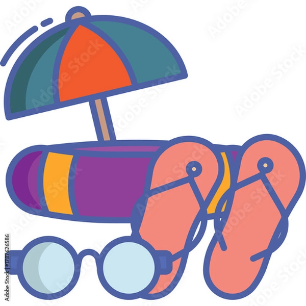 Obraz Summer Beach Accessories Including An Umbrella Floaty Sunglasses And Flip Flops In A Tropical Vacation Theme On A Transparent Background