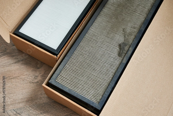 Fototapeta An air filter in a cardboard box on a wooden background. Top view. New and very old air filters.