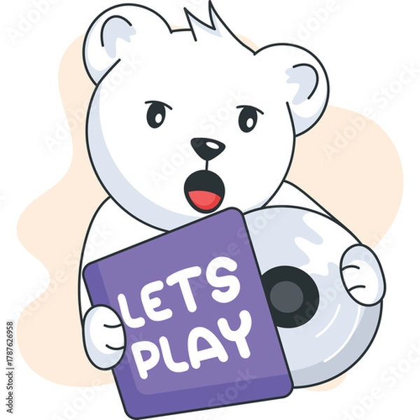 Obraz Surprised Polar Bear Character Holding A Vinyl Record With The Words Lets Play Written On The Cover On A Transparent Background