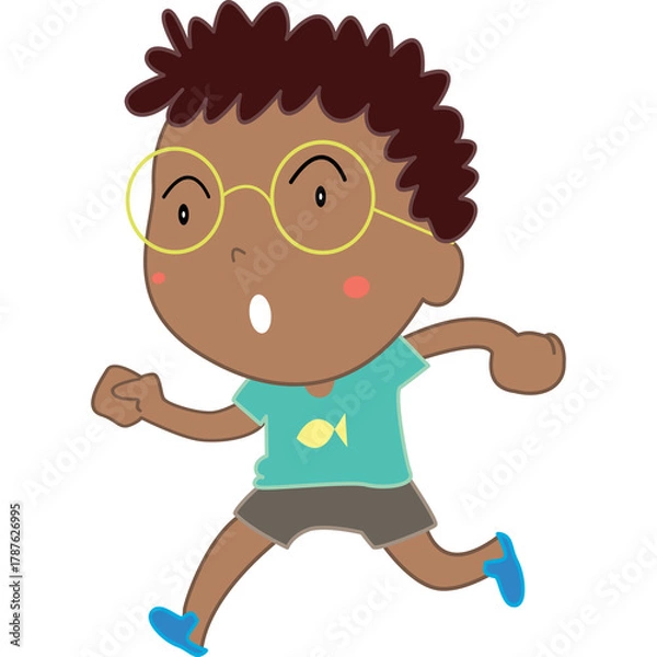 Obraz Surprised Young Boy with Glasses Running Forward with Open Mouth and Round Eyes Wearing Teal T-shirt with Fish Graphic and Brown Shorts on Transparent Background