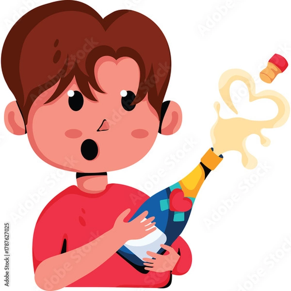 Obraz Surprised Young Person Celebrating With Champagne Bottle Splashing Liquid In Heart Shape Animation With Transparent Background