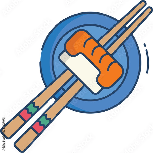 Obraz Sushi Roll with Chopsticks on Blue Plate Vector Illustration Icon Transparent Background