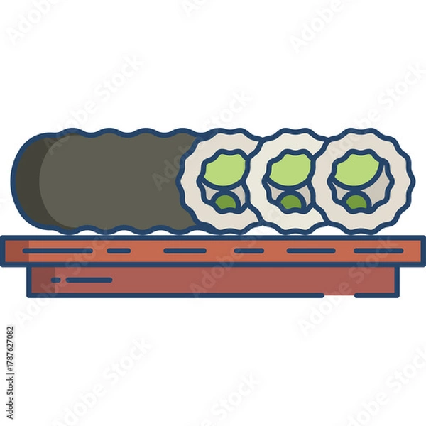 Obraz Sushi Rolls with Avocado Filling on a Wooden Platter Isolated on Transparent Background Minimalist Illustration Style
