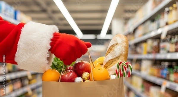 Fototapeta Santa claus filling a paper bag with groceries in a supermarket