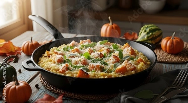 Fototapeta Butternut squash risotto with parmesan cheese and herbs in a cast iron pan