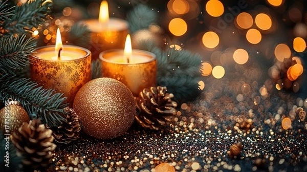 Obraz Festive New Year Celebration Banner Template with Candles and Ornaments